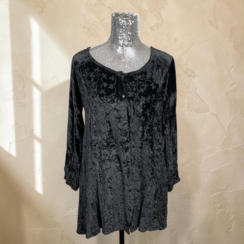Whimsigoth Black Crushed Velvet Embroidered Mini Dress Gothic Witchy Tunic Large